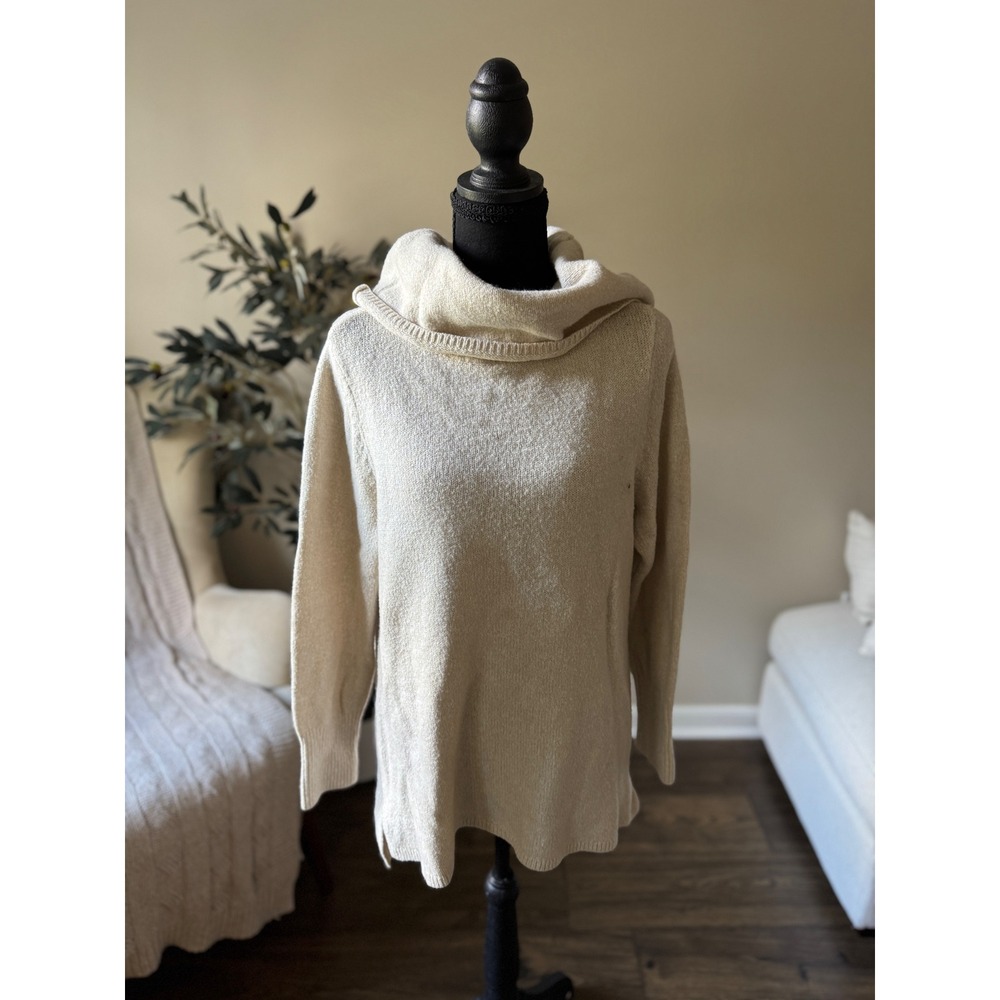 DKNY Jeans Womens Large Cream Beige Cowl Neck Hooded Knit Tunic Sweater